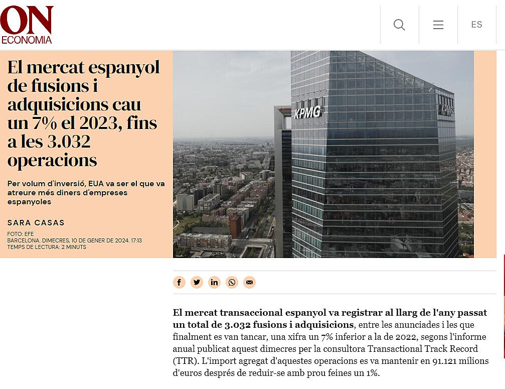 El mercat espanyol de fusions i adquisicions cau un 7% el 2023, fins a les 3.032 operacions